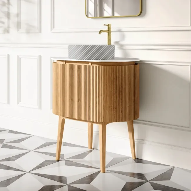 Positano Natural Oak Curved Vanity Unit with Matt White Stone Top 800mm - Basin Not Included