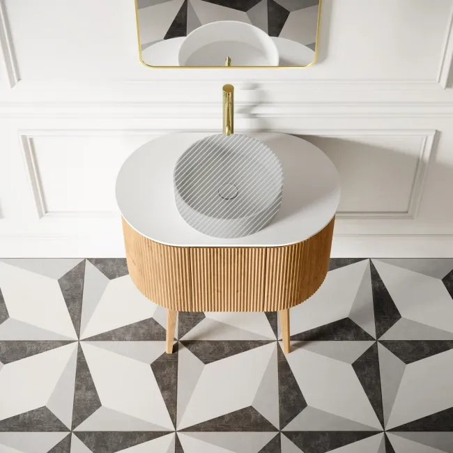 Positano Natural Oak Curved Vanity Unit with Matt White Stone Top 800mm - Basin Not Included