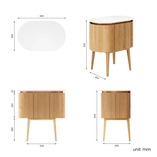 Positano Natural Oak Curved Vanity Unit with Matt White Stone Top 800mm - Basin Not Included