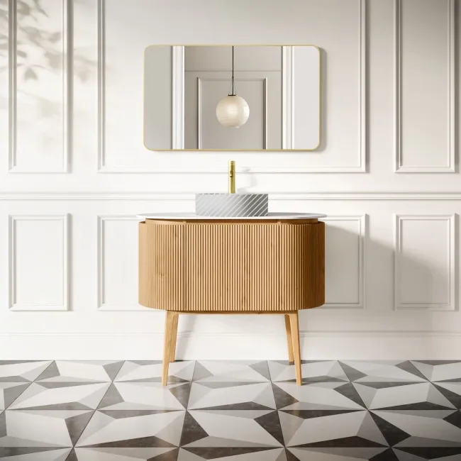 Positano Natural Oak Curved Vanity Unit with Matt White Stone Top 1000mm - Basin Not Included
