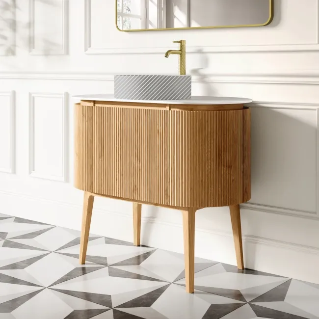 Positano Natural Oak Curved Vanity Unit with Matt White Stone Top 1000mm - Basin Not Included