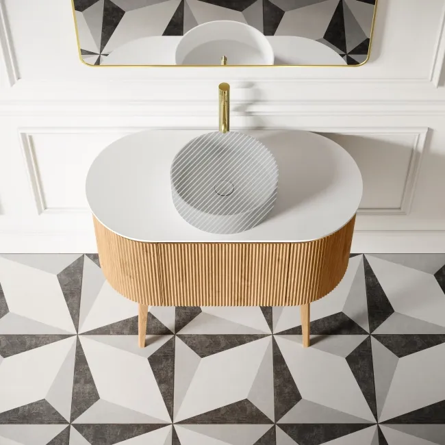 Positano Natural Oak Curved Vanity Unit with Matt White Stone Top 1000mm - Basin Not Included