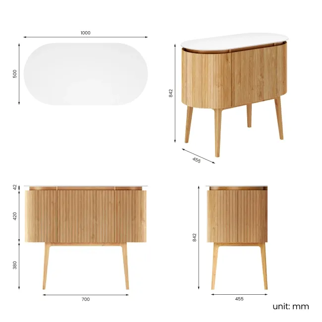 Positano Natural Oak Curved Vanity Unit with Matt White Stone Top 1000mm - Basin Not Included