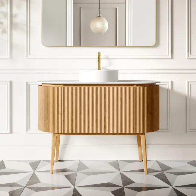 Positano Natural Oak Curved Vanity Unit with Matt White Stone Top 1200mm - Basin Not Included