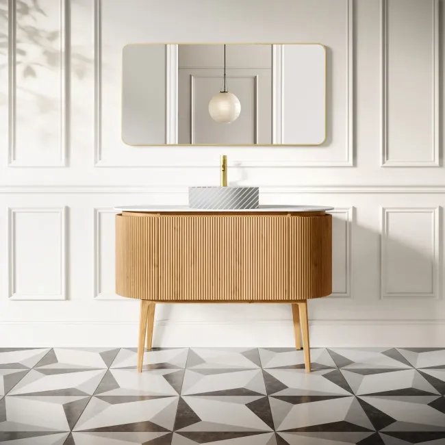 Positano Natural Oak Curved Vanity Unit with Matt White Stone Top 1200mm - Basin Not Included