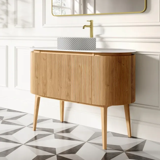 Positano Natural Oak Curved Vanity Unit with Matt White Stone Top 1200mm - Basin Not Included