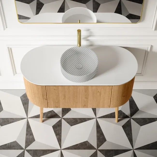 Positano Natural Oak Curved Vanity Unit with Matt White Stone Top 1200mm - Basin Not Included