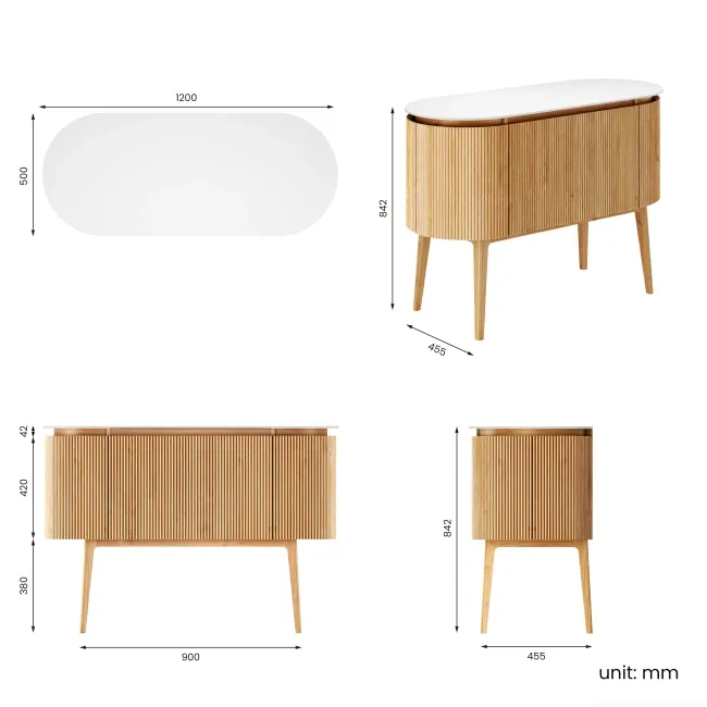 Positano Natural Oak Curved Vanity Unit with Matt White Stone Top 1200mm - Basin Not Included