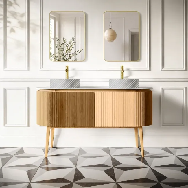Positano Natural Oak Curved Vanity Unit with Matt White Stone Top 1500mm - Basin Not Included
