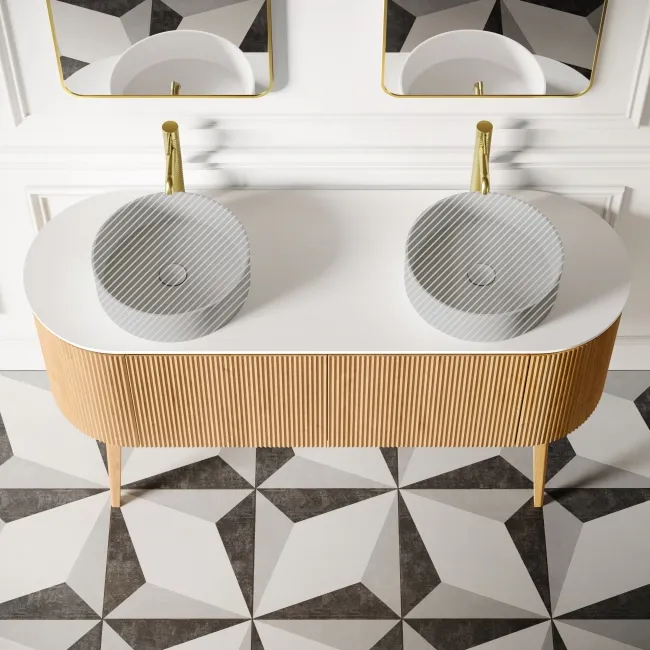 Positano Natural Oak Curved Vanity Unit with Matt White Stone Top 1500mm - Basin Not Included