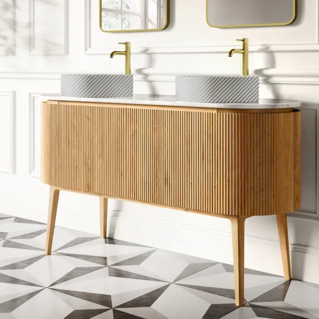 Positano Natural Oak Curved Vanity Unit with Carrara Marble Top 1500mm - Basin Not Included