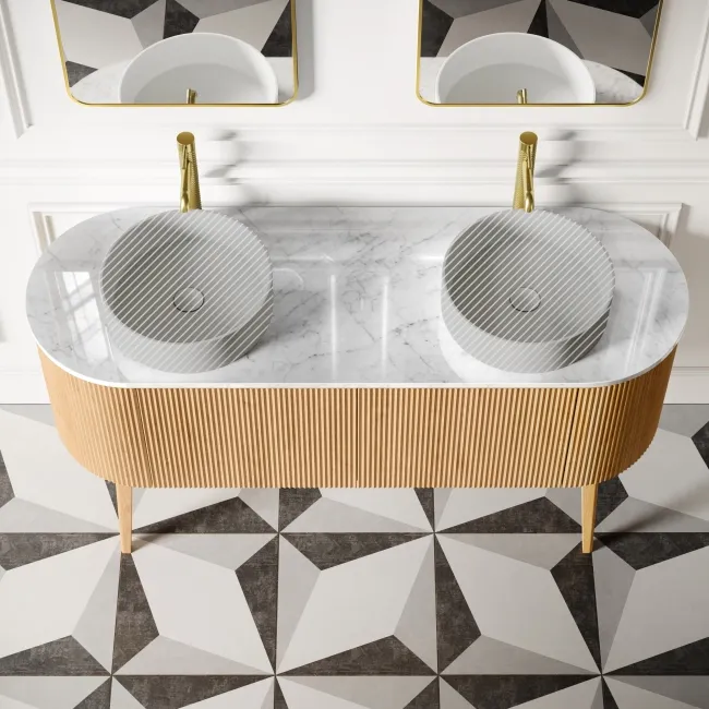 Positano Natural Oak Curved Vanity Unit with Carrara Marble Top 1500mm - Basin Not Included