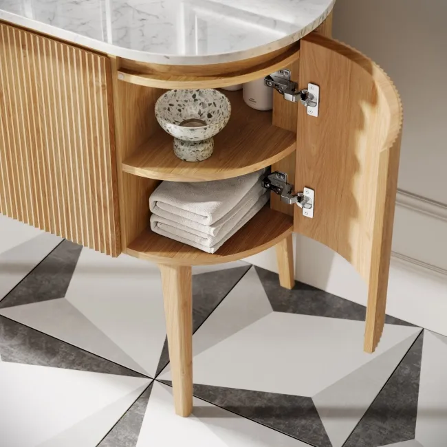 Positano Natural Oak Curved Vanity Unit with Carrara Marble Top 1500mm - Basin Not Included