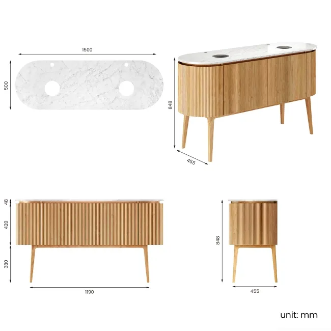 Positano Natural Oak Curved Vanity Unit with Carrara Marble Top 1500mm - Basin Not Included