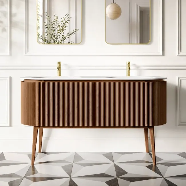 Positano Natural Walnut Curved Vanity Unit & Matt White Double Stone Basin 1500mm