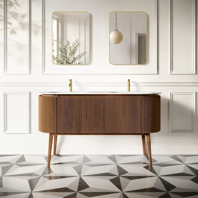 Positano Natural Walnut Curved Vanity Unit & Matt White Double Stone Basin 1500mm