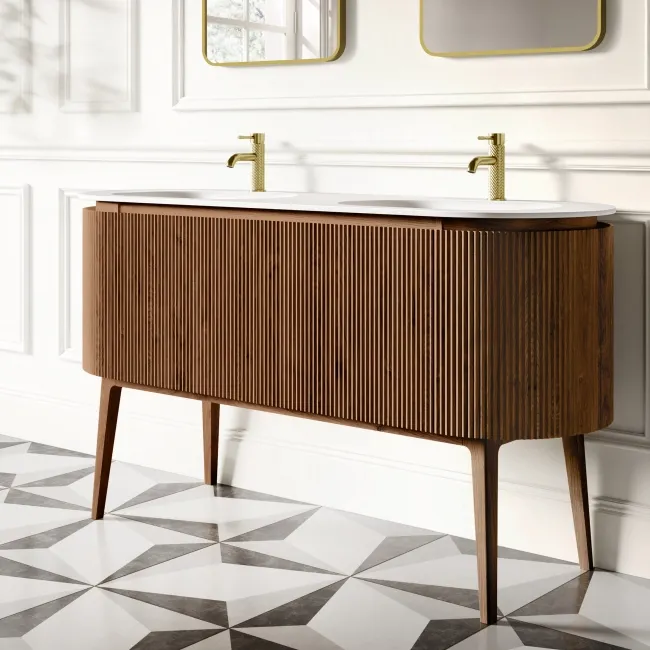 Positano Natural Walnut Curved Vanity Unit & Matt White Double Stone Basin 1500mm