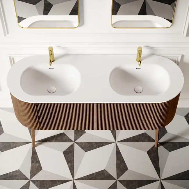 Positano Natural Walnut Curved Vanity Unit & Matt White Double Stone Basin 1500mm