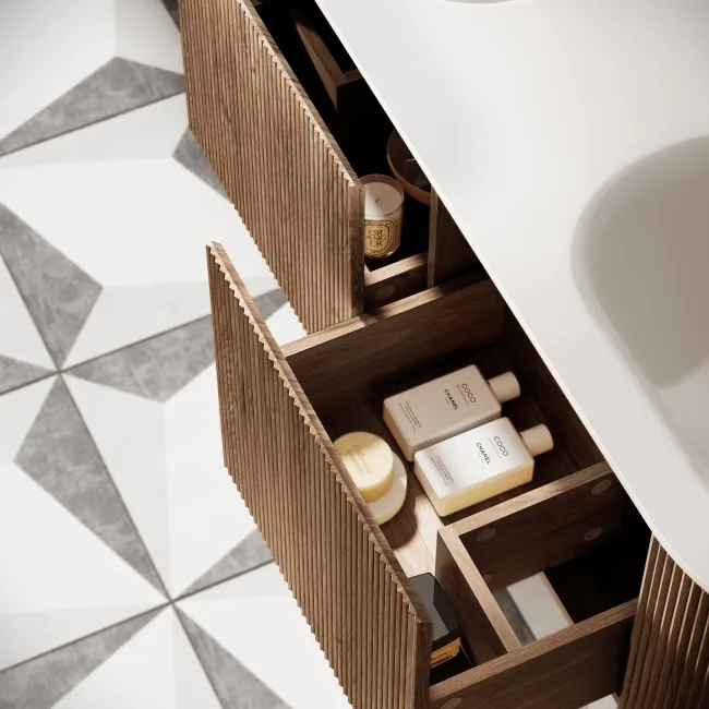 Positano Natural Walnut Curved Vanity Unit & Matt White Double Stone Basin 1500mm