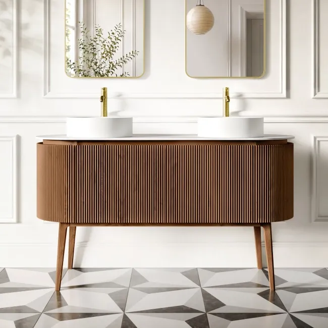 Positano Natural Walnut Curved Vanity Unit with Matt White Stone Top 1500mm - Basin Not Included