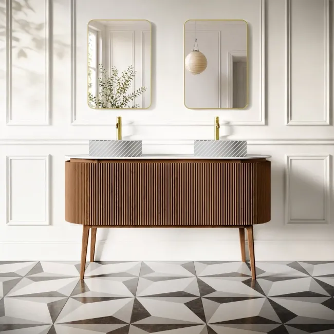 Positano Natural Walnut Curved Vanity Unit with Matt White Stone Top 1500mm - Basin Not Included