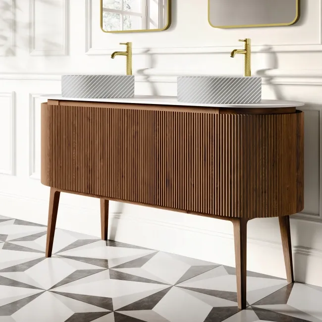 Positano Natural Walnut Curved Vanity Unit with Matt White Stone Top 1500mm - Basin Not Included