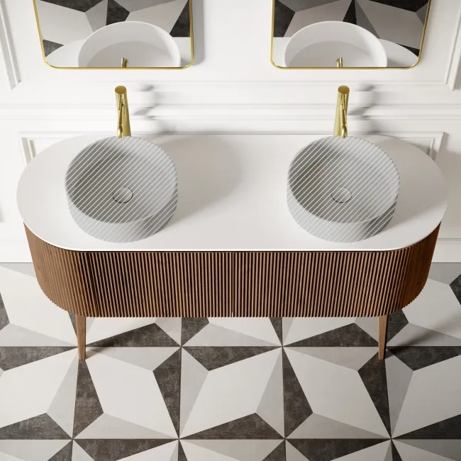 Positano Natural Walnut Curved Vanity Unit with Matt White Stone Top 1500mm - Basin Not Included