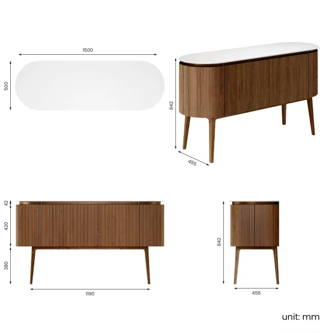 Positano Natural Walnut Curved Vanity Unit with Matt White Stone Top 1500mm - Basin Not Included