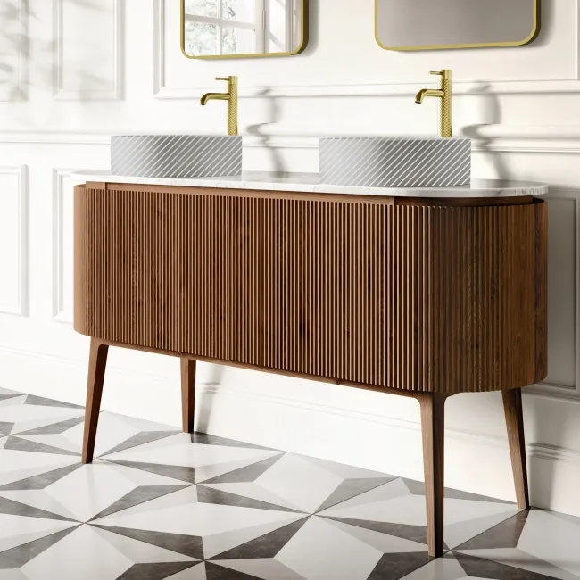 Positano Natural Walnut Curved Vanity Unit with Carrara Marble Top 1500mm - Basin Not Included