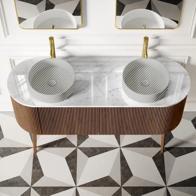 Positano Natural Walnut Curved Vanity Unit with Carrara Marble Top 1500mm - Basin Not Included