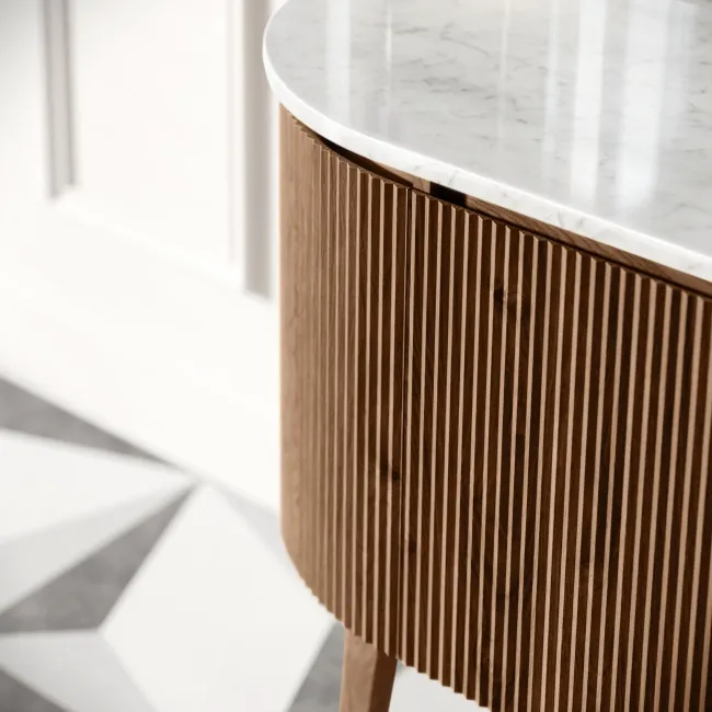 Positano Natural Walnut Curved Vanity Unit with Carrara Marble Top 1500mm - Basin Not Included