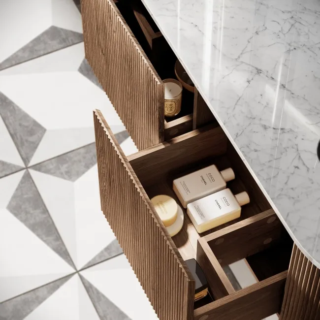 Positano Natural Walnut Curved Vanity Unit with Carrara Marble Top 1500mm - Basin Not Included