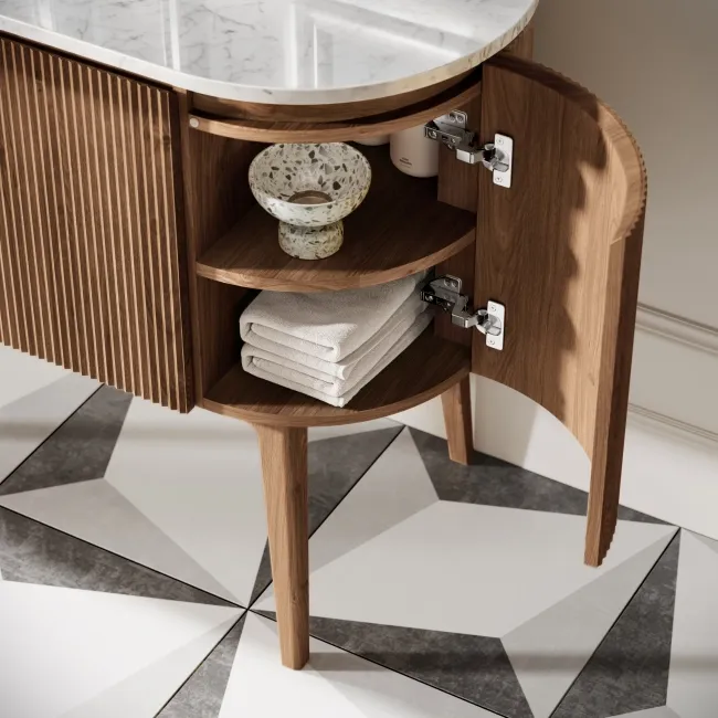 Positano Natural Walnut Curved Vanity Unit with Carrara Marble Top 1500mm - Basin Not Included