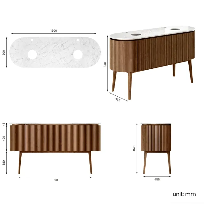 Positano Natural Walnut Curved Vanity Unit with Carrara Marble Top 1500mm - Basin Not Included