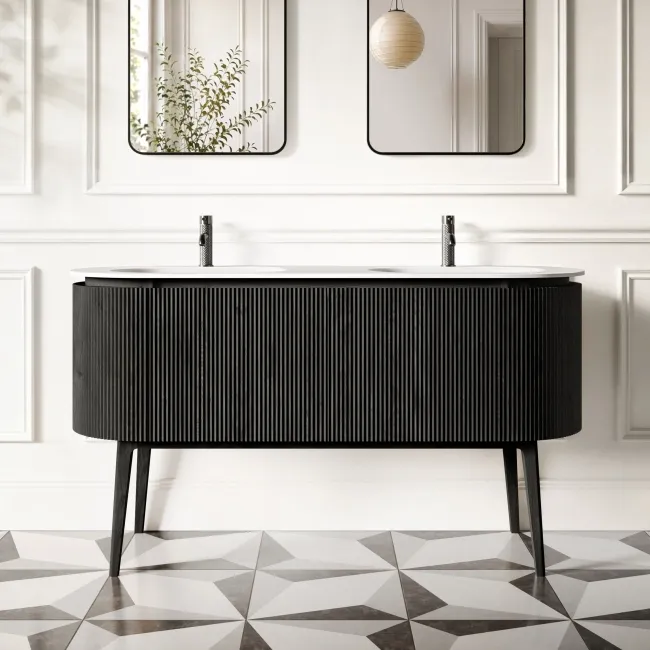 Positano Black Oak Curved Vanity Unit & Matt White Double Stone Basin 1500mm