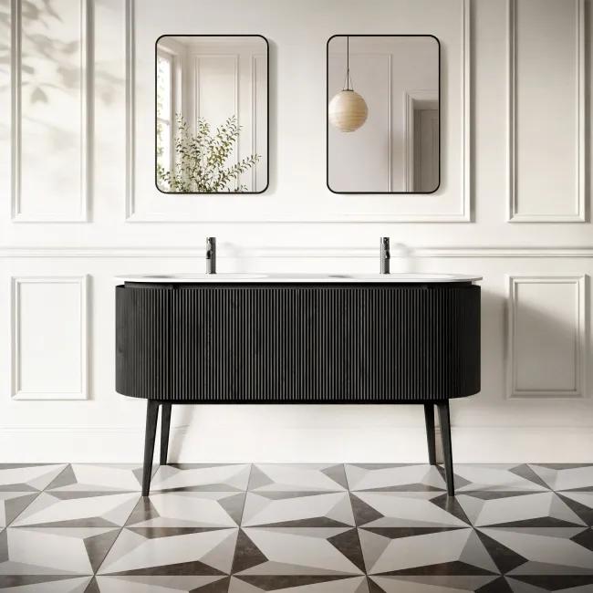 Positano Black Oak Curved Vanity Unit & Matt White Double Stone Basin 1500mm
