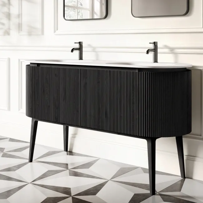 Positano Black Oak Curved Vanity Unit & Matt White Double Stone Basin 1500mm