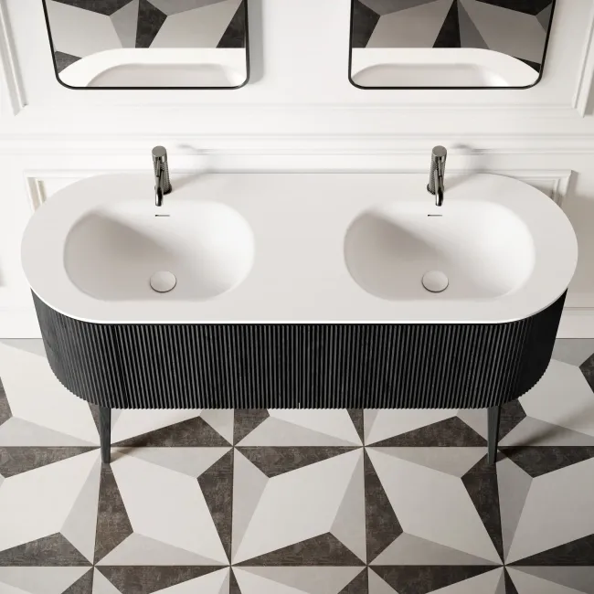 Positano Black Oak Curved Vanity Unit & Matt White Double Stone Basin 1500mm