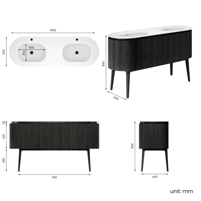 Positano Black Oak Curved Vanity Unit & Matt White Double Stone Basin 1500mm