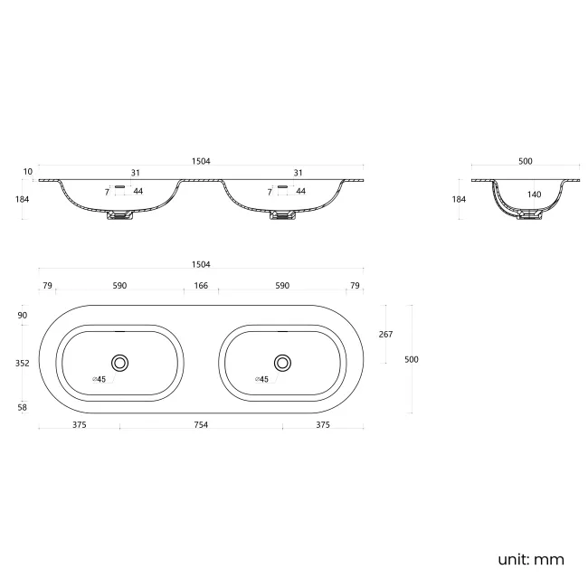 Positano Black Oak Curved Vanity Unit & Matt White Double Stone Basin 1500mm