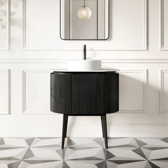 Positano Black Oak Curved Vanity Unit with Matt White Stone Top 800mm - Basin Not Included