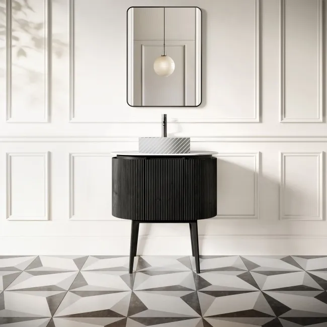 Positano Black Oak Curved Vanity Unit with Matt White Stone Top 800mm - Basin Not Included