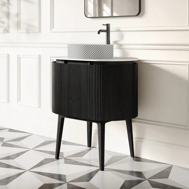 Positano Black Oak Curved Vanity Unit with Matt White Stone Top 800mm - Basin Not Included