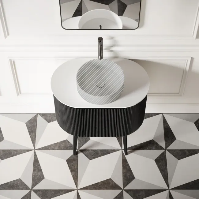 Positano Black Oak Curved Vanity Unit with Matt White Stone Top 800mm - Basin Not Included