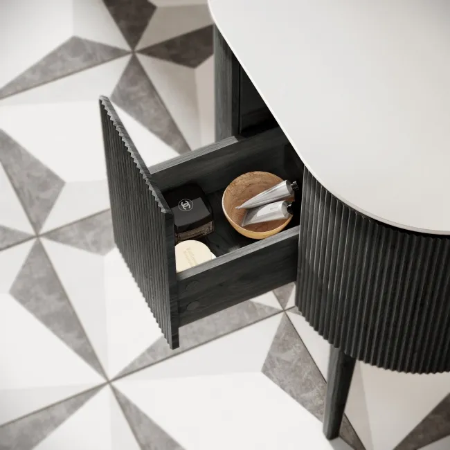 Positano Black Oak Curved Vanity Unit with Matt White Stone Top 800mm - Basin Not Included