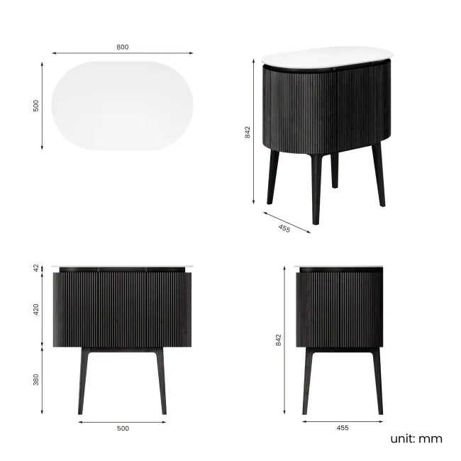 Positano Black Oak Curved Vanity Unit with Matt White Stone Top 800mm - Basin Not Included