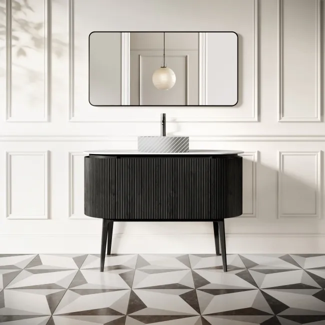 Positano Black Oak Curved Vanity Unit with Matt White Stone Top 1200mm - Basin Not Included