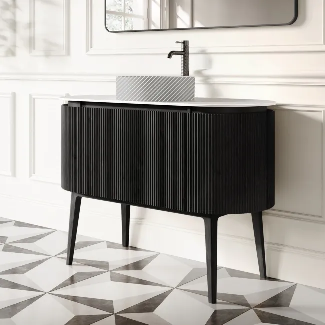 Positano Black Oak Curved Vanity Unit with Matt White Stone Top 1200mm - Basin Not Included