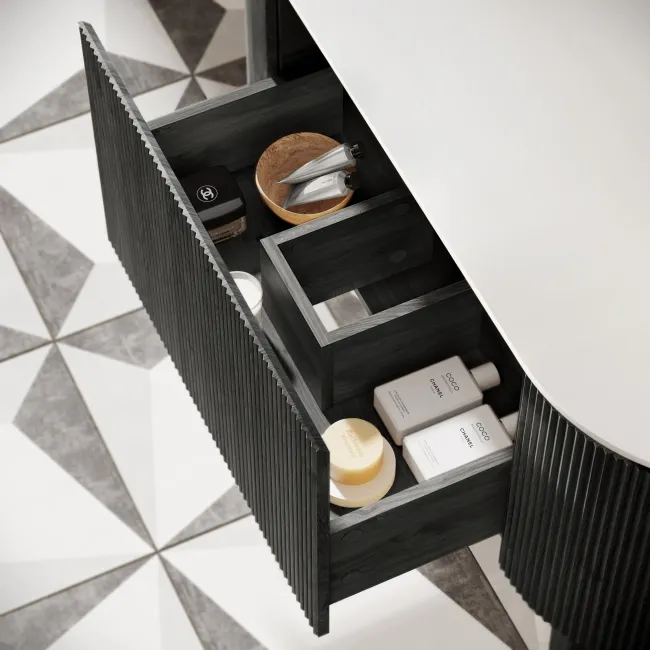 Positano Black Oak Curved Vanity Unit with Matt White Stone Top 1200mm - Basin Not Included