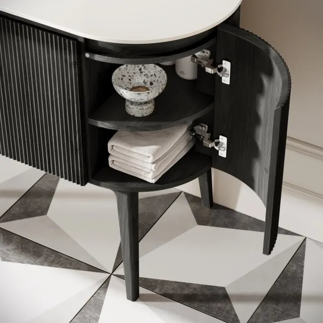 Positano Black Oak Curved Vanity Unit with Matt White Stone Top 1200mm - Basin Not Included